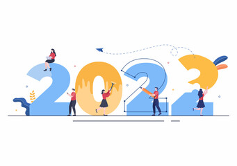 Happy New Year 2022 Template Flat Design Illustration with Ribbons and Confetti on a Colorful Background for Poster, Brochure or Banner