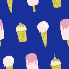 Seamless vector ice cream pattern. Food repeat background for fabric, textile, wrapping, cover etc.