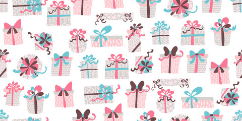 Christmas gift vector seamless pattern. Tile with hand drawn present. Perfect for wrapping paper, covering and other design.