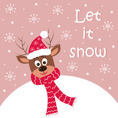 Christmas deer in a hat and scarf peeking out from behind a snowball. Let it snow text. Christmas greeting card.