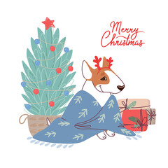 Christmas card with a bull terrier dog in a plaid near the Christmas tree. Vector greeting card in flat style with lettering Merry Christmas.