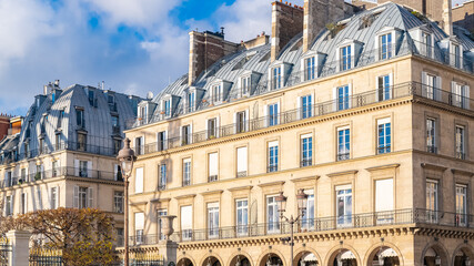 Paris, panorama of the rue de Rivoli, typical building, parisian facade
