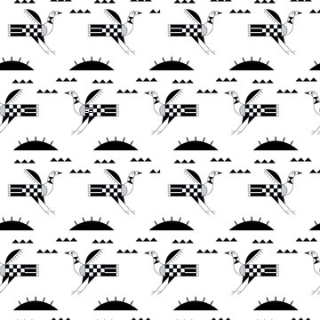 Black and white folk indian geometric pattern with bird