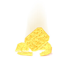 falling crunchy crackers isolated on white background.