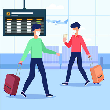 Two boys is standing with suitcase at schedule board the airport terminal while wearing face mask. masked transit. Colorful flat vector illustration.