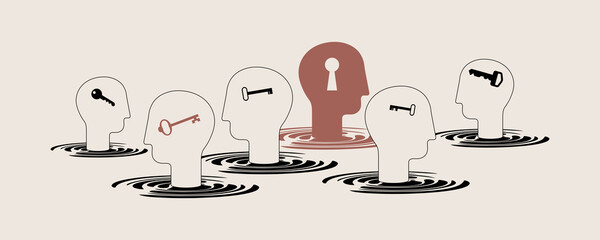 The key to mental health. Human head with keyhole. Key to your mind and understanding other people. Social relations. Vector illustration, EPS 10 - 472156576