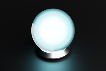 3D illustration of a transparent glass  ball, crystals scatter   on a  black background under a white neon light. Glass empty magic ball.