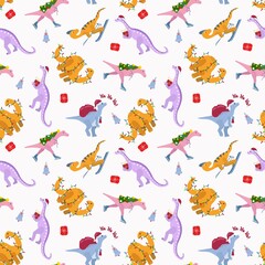 Christmas seamless pattern. Cute hand drawn dinosaurs. Design for fabric, textile, packaging, wrapping paper.	