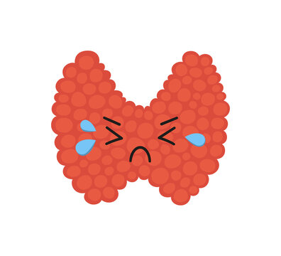 Kawaii unhealthy thyroid gland character. Drawing of a crying thyroid gland. Hypothyroidism and hyperthyroidism concept. Vector illustration isolated in cartoon style on white background.