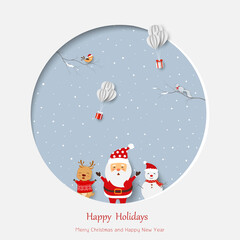 Merry Christmas and Happy New Year greeting card,cute Santa Claus,reindeer and snowman happy on winter holiday