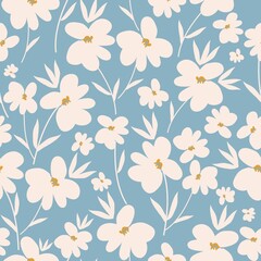Vintage floral background. Seamless vector pattern for design and fashion prints. Floral pattern with white flowers and leaves on a light blue background.