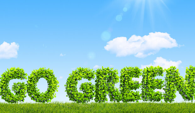 go green made of grass and green leaves concept 3D illustration