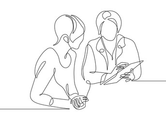 Two Women Talking Trendy Line Art Drawing. People Talking Minimalistic Black Lines Drawing on White Background. Continuous One Line Abstract Drawing. Peoples Modern Design. Vector EPS 10