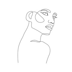 Continuous Line Drawing of Woman Head. Line Art Creative Concept Black Sketch Isolated on White Background. Female Fashion Illustration. Woman Face Abstract Drawing. Vector EPS 10
