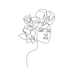 Woman Face with Flowers Line Art Drawing. Floral Female Head One Line Drawing for Wall Art, Fashion Prints, Posters. Art Sketch Print, Black And White Single Line Art, Feminine Poster. Vector EPS 10