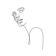 Continuous Line Drawing of Woman Head. Line Art Creative Concept Black Sketch Isolated on White Background. Female Fashion Illustration. Woman Face Abstract Drawing. Vector EPS 10