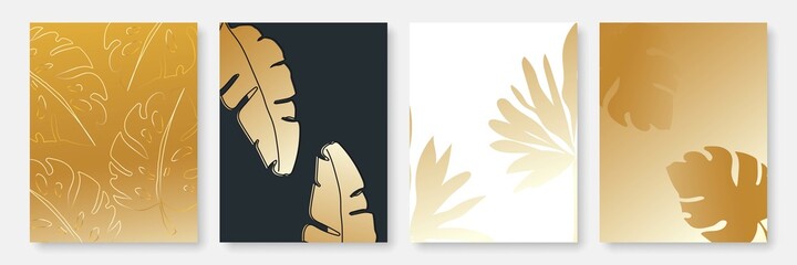Set of Luxury Trendy Minimalist Botanical Vector Poster with Golen Tropical Leaves Composition, Ideal for Wall Art Print, Modern Poster, Minimal Interior Design, Social Media. 