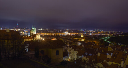 City skyline at night, Prague architecture