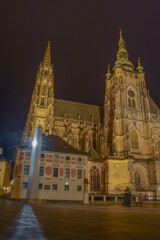 Fototapeta na wymiar Cathedral illuminated by street lights on a cold winter night