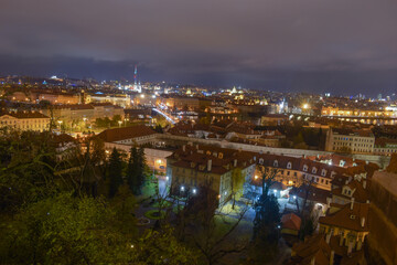 Night city landscape, architecture in Prague, beautiful city