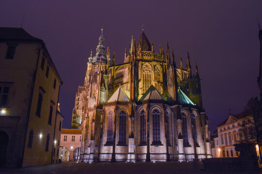 Church illuminated by street light on a clear winter night