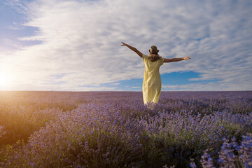 a girl in a yellow dress on a lavender field