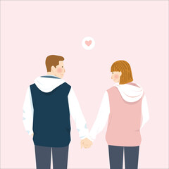 Cute Couple Holding Hand in casual outfit jacket, Romantic cute couple illustration character, wedding couple