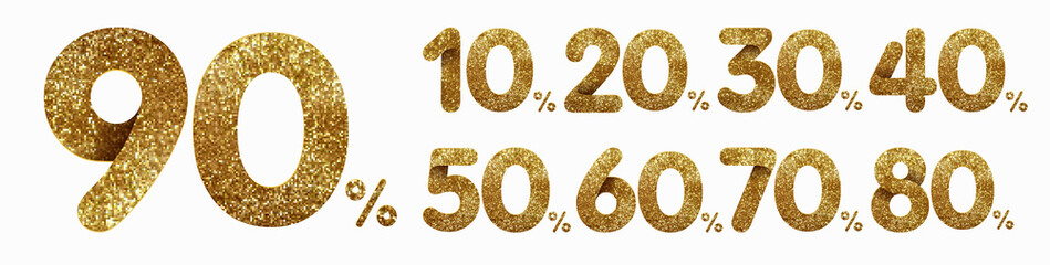 Set of golden glitter discount numbers 90, 80, 70, 60, 50, 40, 30, 20 and 10 percent for sale and discount offers. Isolated on white background - obrazy, fototapety, plakaty