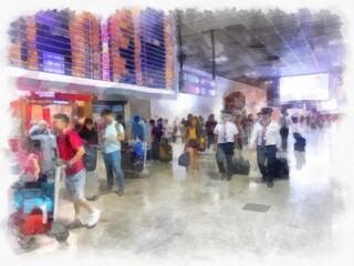 Obraz premium Inside the airport with passengers and pilots watercolor style illustration impressionist painting.