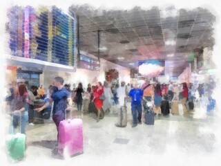 Obraz premium Inside the airport with passengers watercolor style illustration impressionist painting.