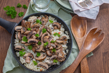 classic creamy italian mushroom risotto on a table