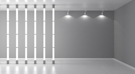 Abstract bright minimalistic background scene. Gray room with vertical neon lights and empty space for text. 3d render.