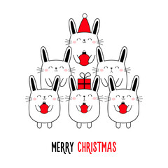 Christmas tree bunny. Triangle shape. Merry Christmas Happy New Year. Cute cartoon kawaii pet. Doodle line rabbit hare set. Santa Claus red hat. Xmas ball toy. Flat design. White background.