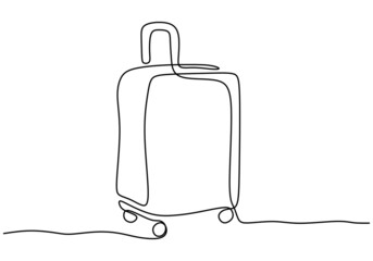 Continuous one line of a travel bag luggage stroller isolated on white background.