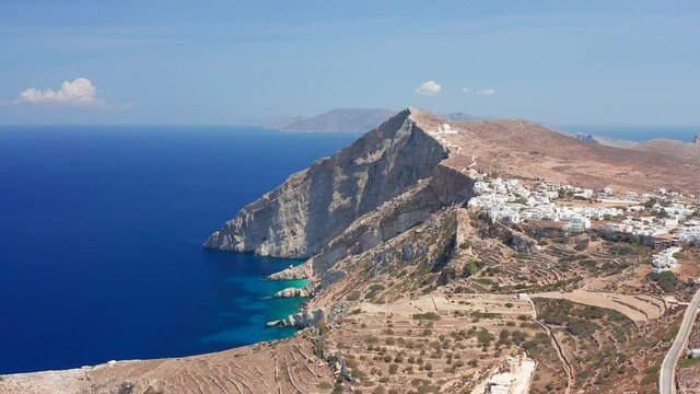 Aerial wide mediterranean Landscape Folegandros Island with Beautiful Cliffs and deep Blue Sea