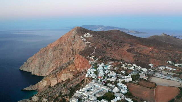 Aerial panorama view Folegandros Village and Hilltop Pagania Church, Greek Island Landscape