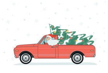 Santa Claus drive old vintage red pickup truck with decorated and snow crowded christmas tree. Vector flat illustration