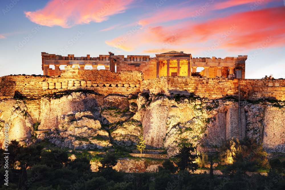 Poster Acropolis with Parthenon temple against sunset in Athens, Greece