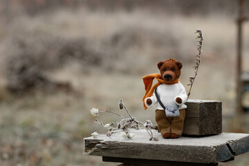 A handmade teddy bear in clothes with an orange scarf sits on a wooden stand on a blurred background of nature in brown and beige tones.