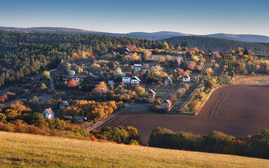 Autumn village at a sunrise, coutryside - Slovakia