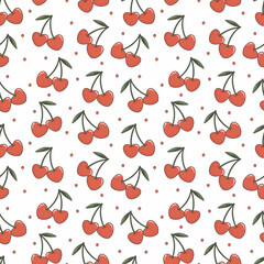 Cherry hearts vector doodle seamless pattern on white background	