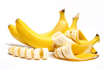 Ripe bananas, whole and sliced, on a white background