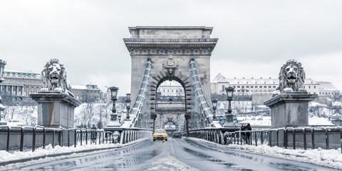Chain bridge in Budapest, Hungary, in winter