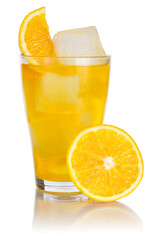 Orange lemonade drink softdrink in a glass with oranges fruit isolated on white
