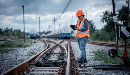 Engineer under inspection and checking construction process railway switch and checking work on railroad station .Engineer wearing safety uniform and safety helmet in work.