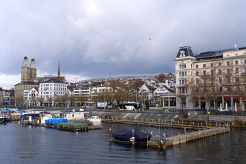 Twin towers of protestant medieval church Great Minster at the old town of Zürich on a late autumn cloudy autumn. Photo taken November 29th, 2021, Zurich, Switzerland.
