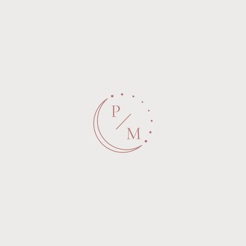 Linear icon with moon, stars, letters M and P. Logo for womens business, astrology, jewelry, beauty salon, cosmetics. Stylish icon with moon and stars.