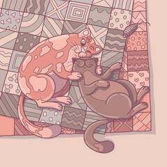 Cartoon illustration with two cats on patchwork quilts. Template for postcards, posters or calendars