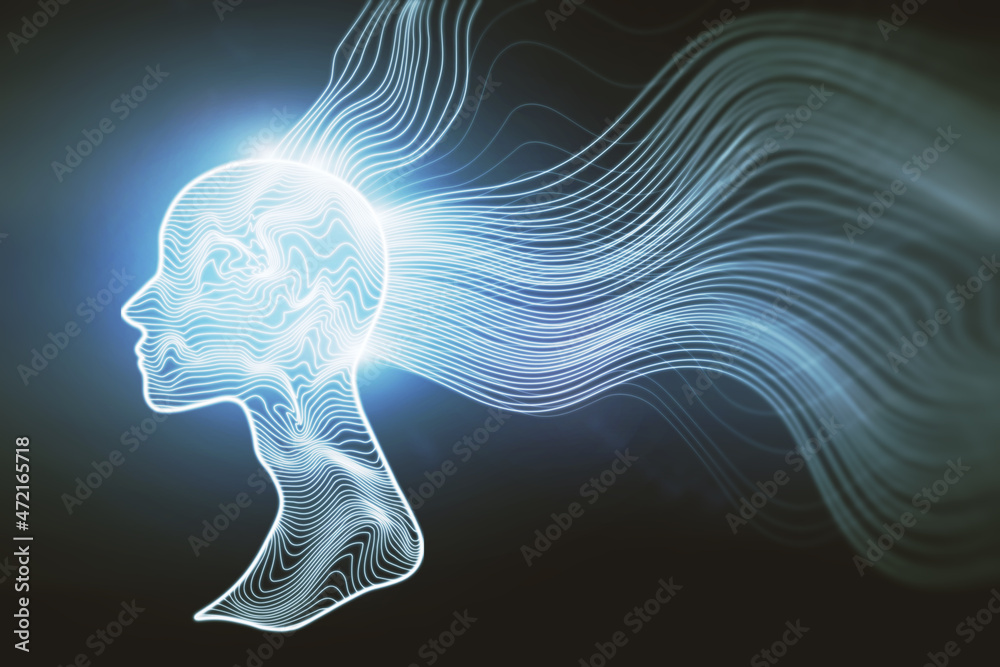 Aufkleber Creative glowing polygonal head and waves on dark backdrop. Artificial intelligence, science and tech concept. 3D Rendering.
