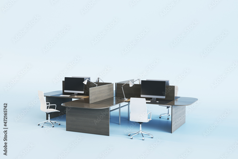 Poster abstract coworking office interior with wooden furniture, computer monitors and empty mock up place 